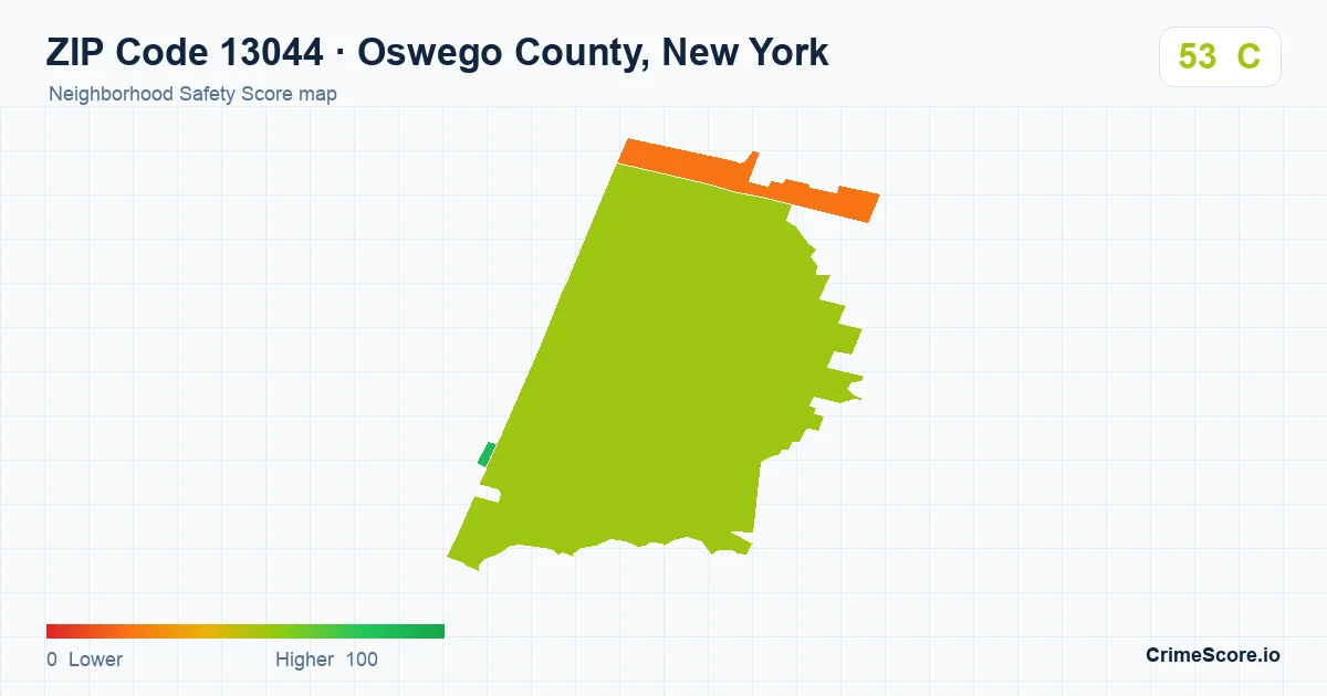 ZIP Code 13044 in Oswego County, New York neighborhood Safety Score map