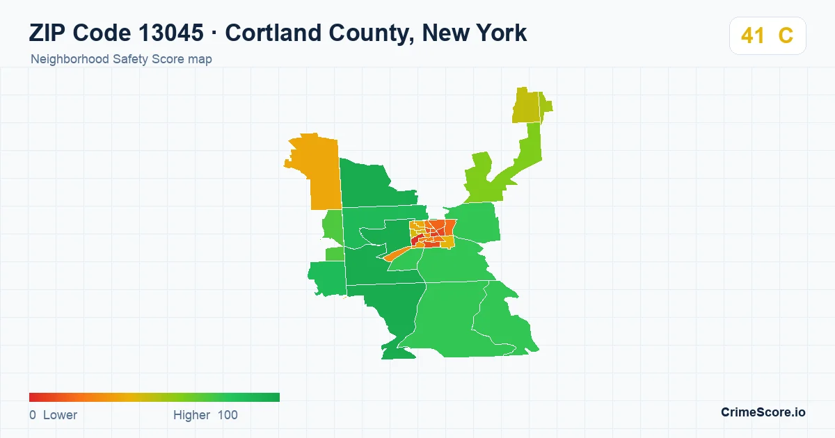 ZIP Code 13045 in Cortland County, New York neighborhood Safety Score map