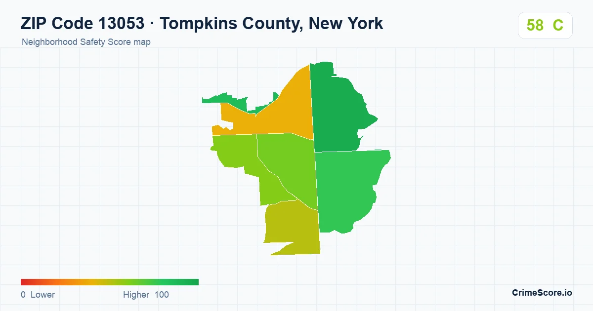 ZIP Code 13053 in Tompkins County, New York neighborhood Safety Score map