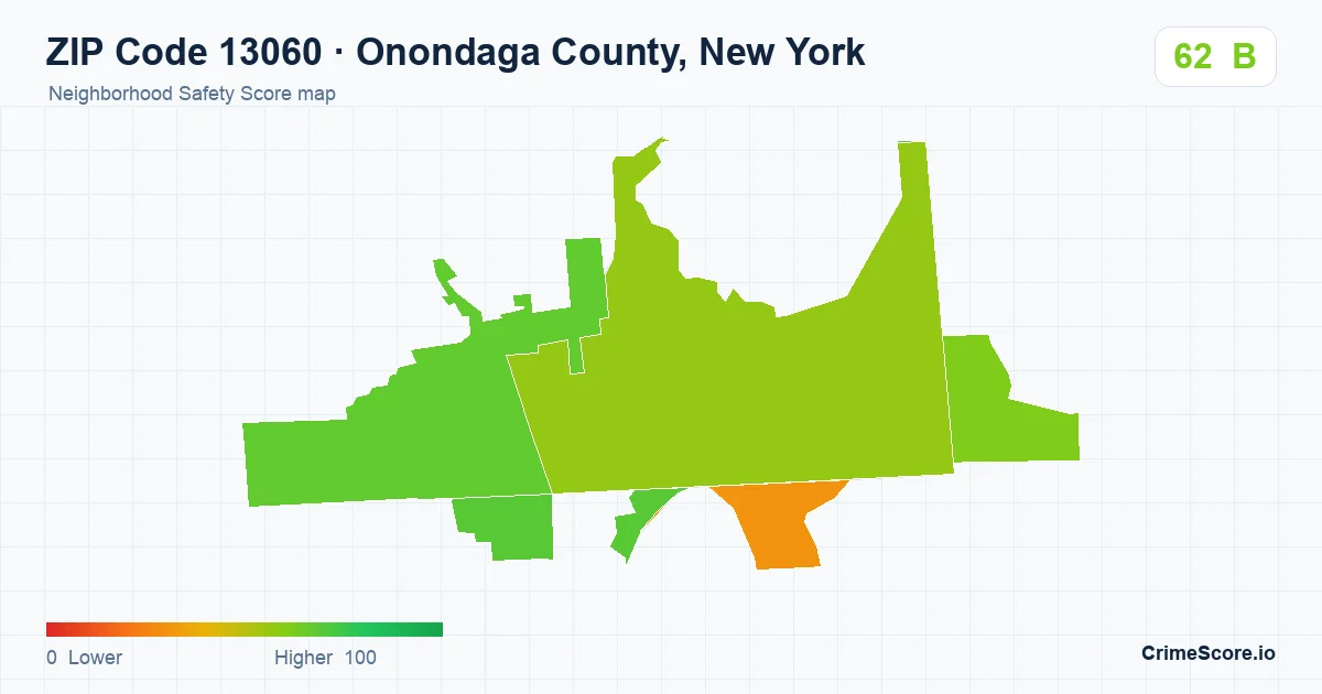 ZIP Code 13060 in Onondaga County, New York neighborhood Safety Score map