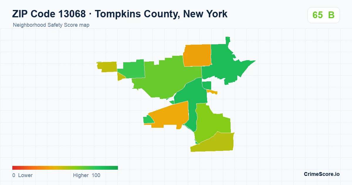 ZIP Code 13068 in Tompkins County, New York neighborhood Safety Score map
