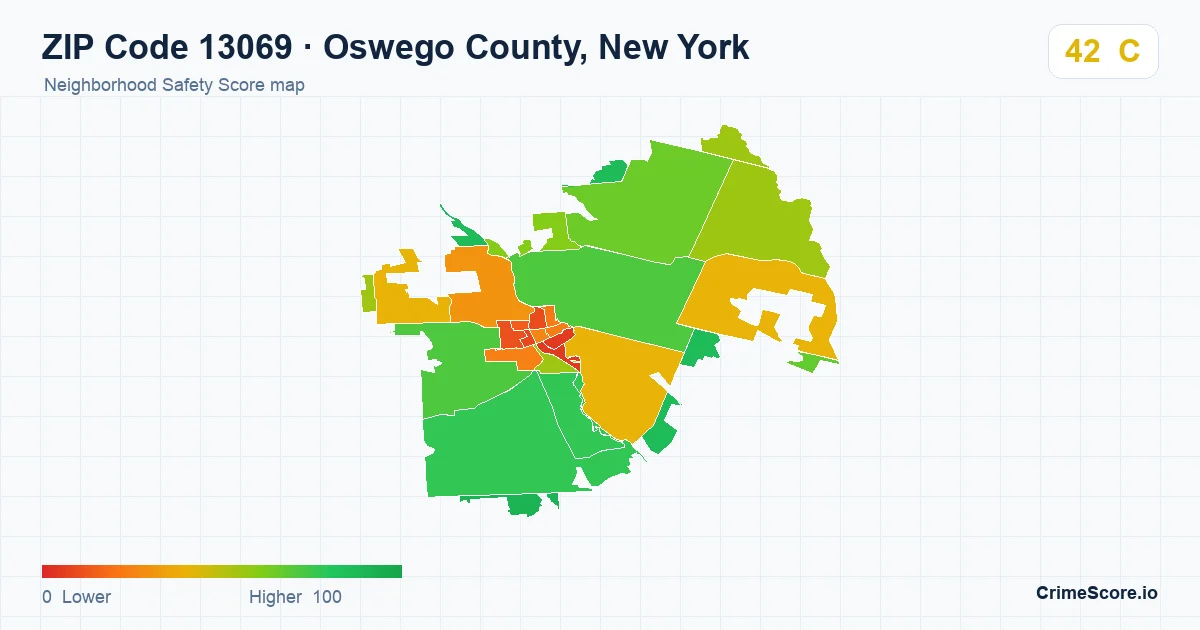 ZIP Code 13069 in Oswego County, New York neighborhood Safety Score map