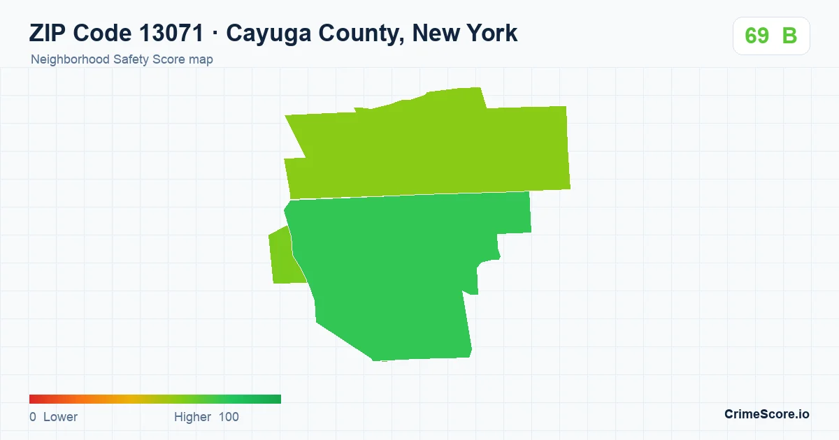ZIP Code 13071 in Cayuga County, New York neighborhood Safety Score map
