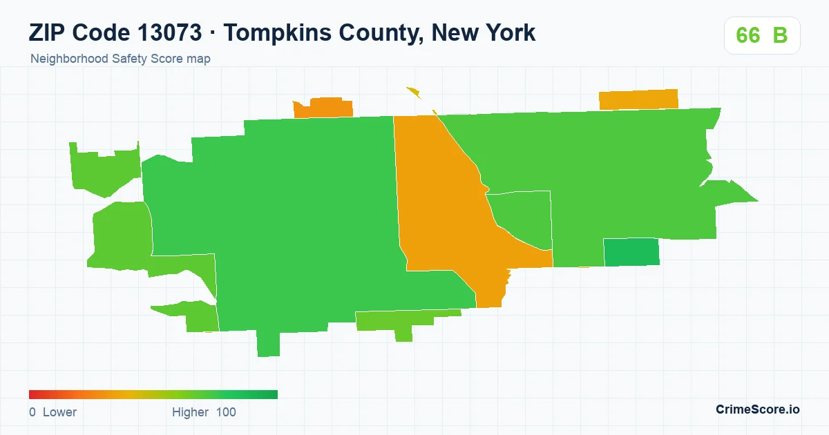 ZIP Code 13073 in Tompkins County, New York neighborhood Safety Score map