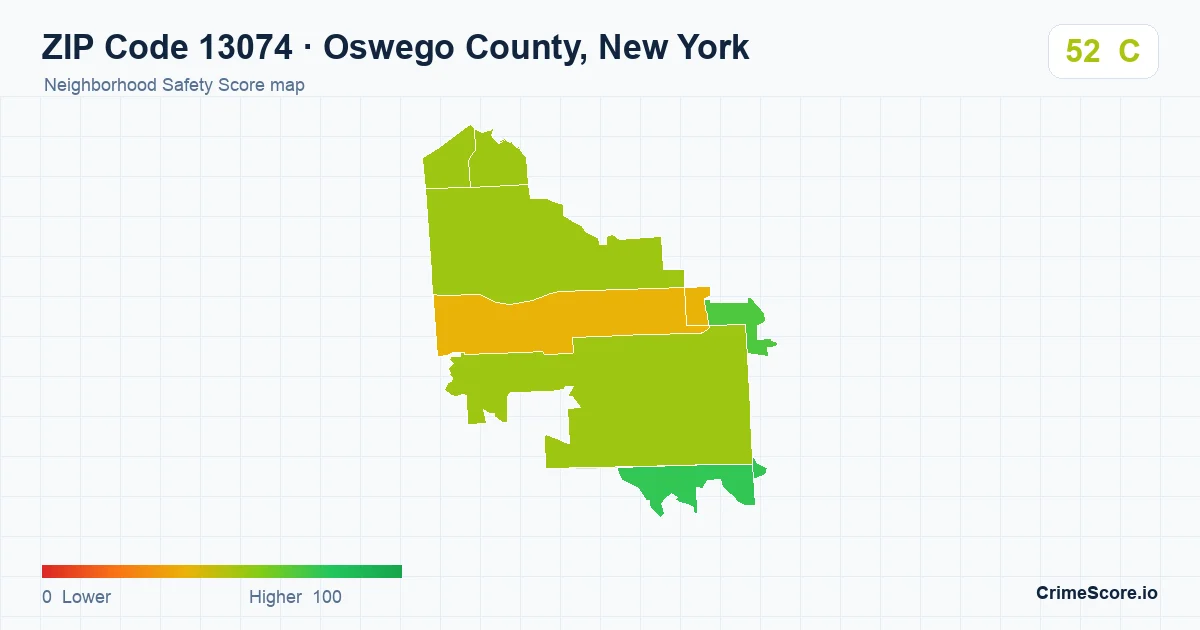 ZIP Code 13074 in Oswego County, New York neighborhood Safety Score map
