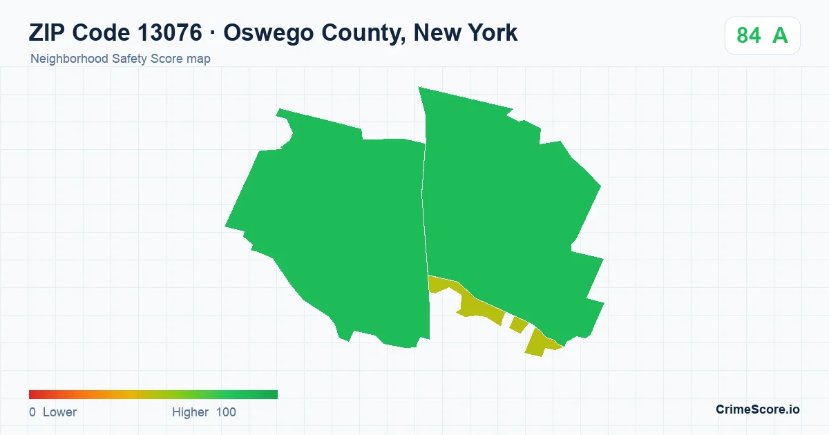 ZIP Code 13076 in Oswego County, New York neighborhood Safety Score map