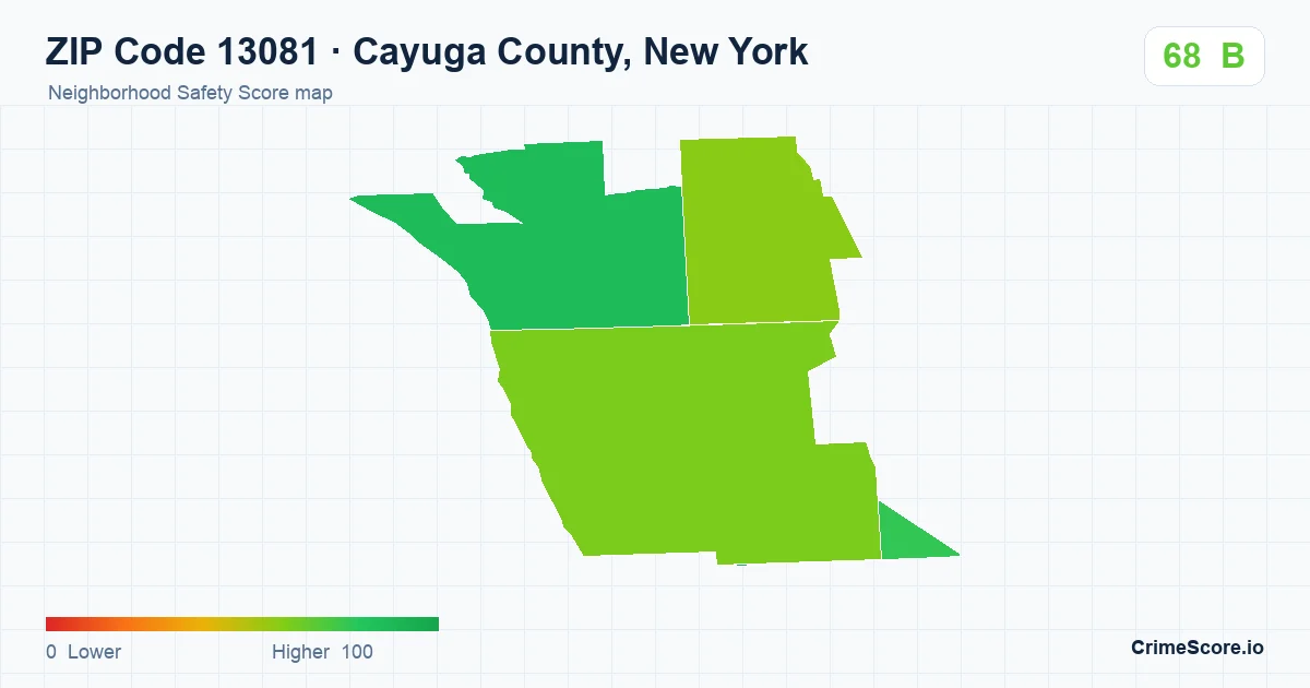 ZIP Code 13081 in Cayuga County, New York neighborhood Safety Score map