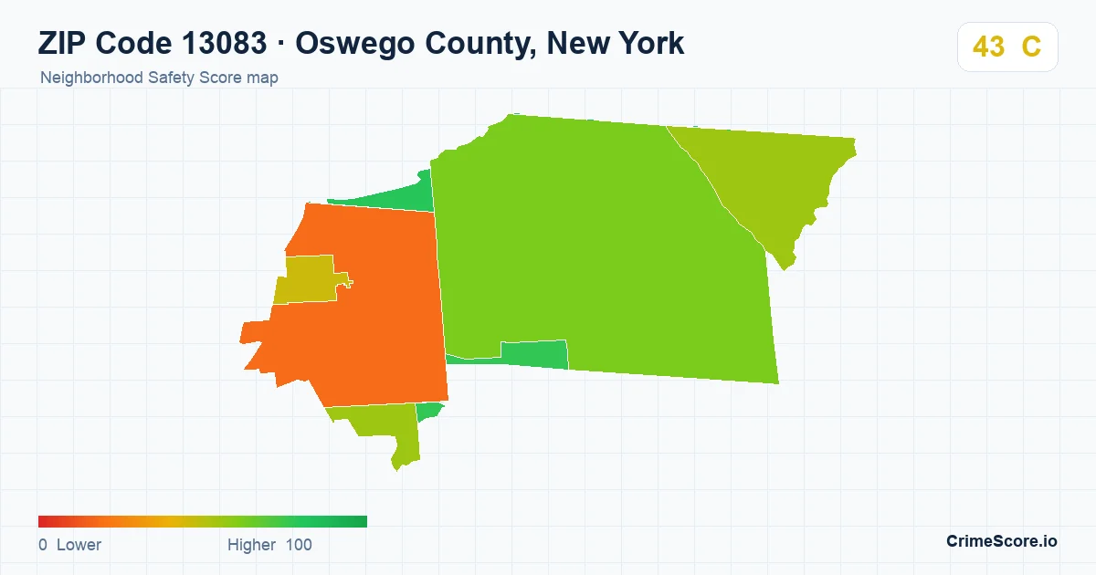 ZIP Code 13083 in Oswego County, New York neighborhood Safety Score map