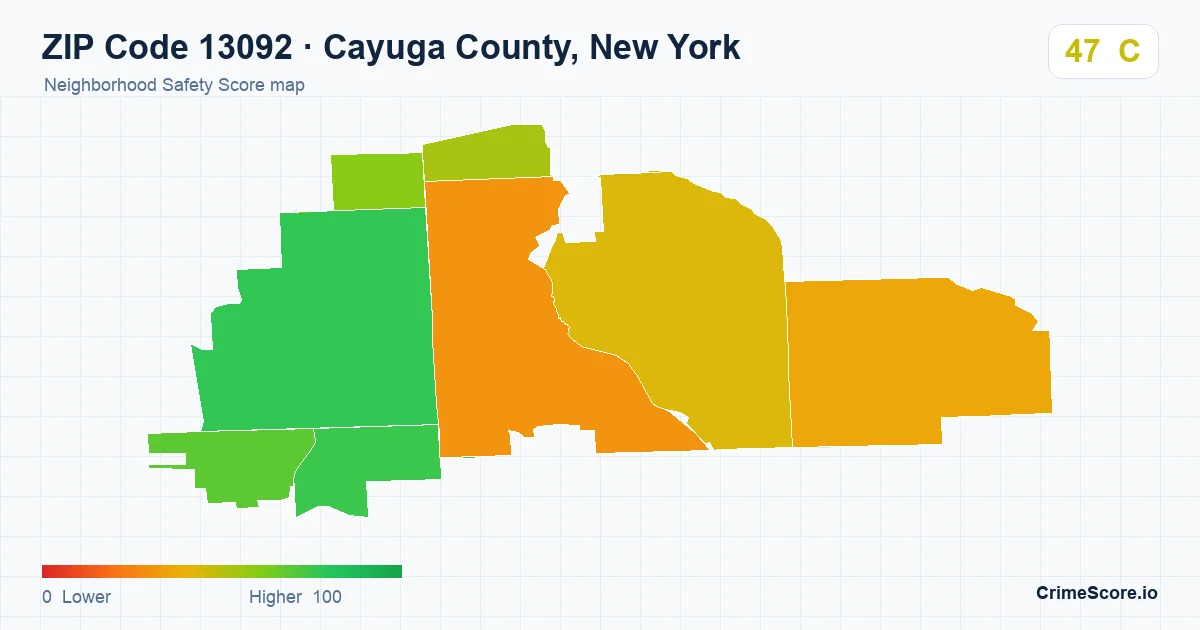 ZIP Code 13092 in Cayuga County, New York neighborhood Safety Score map