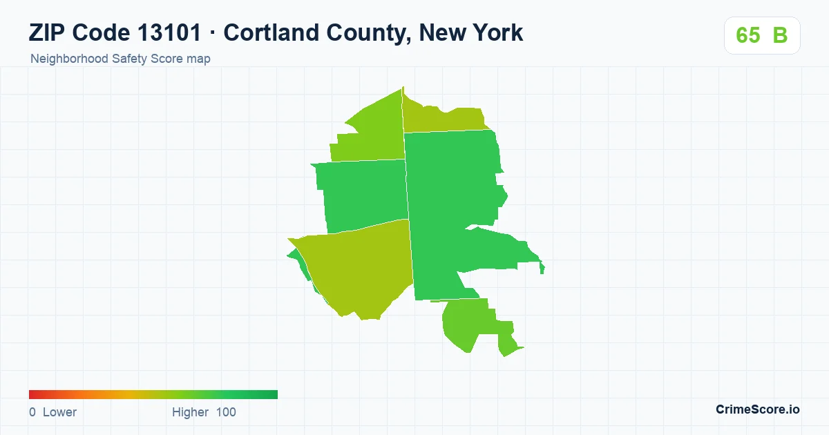 ZIP Code 13101 in Cortland County, New York neighborhood Safety Score map