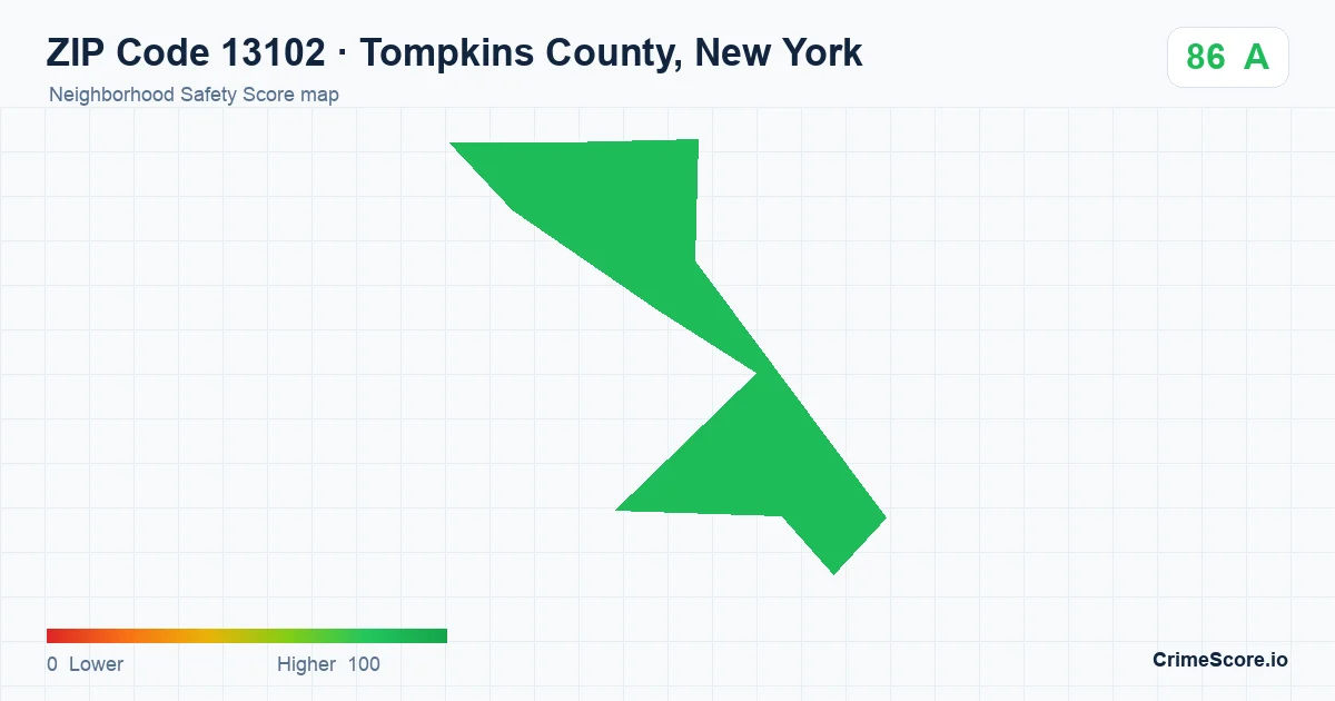 ZIP Code 13102 in Tompkins County, New York neighborhood Safety Score map