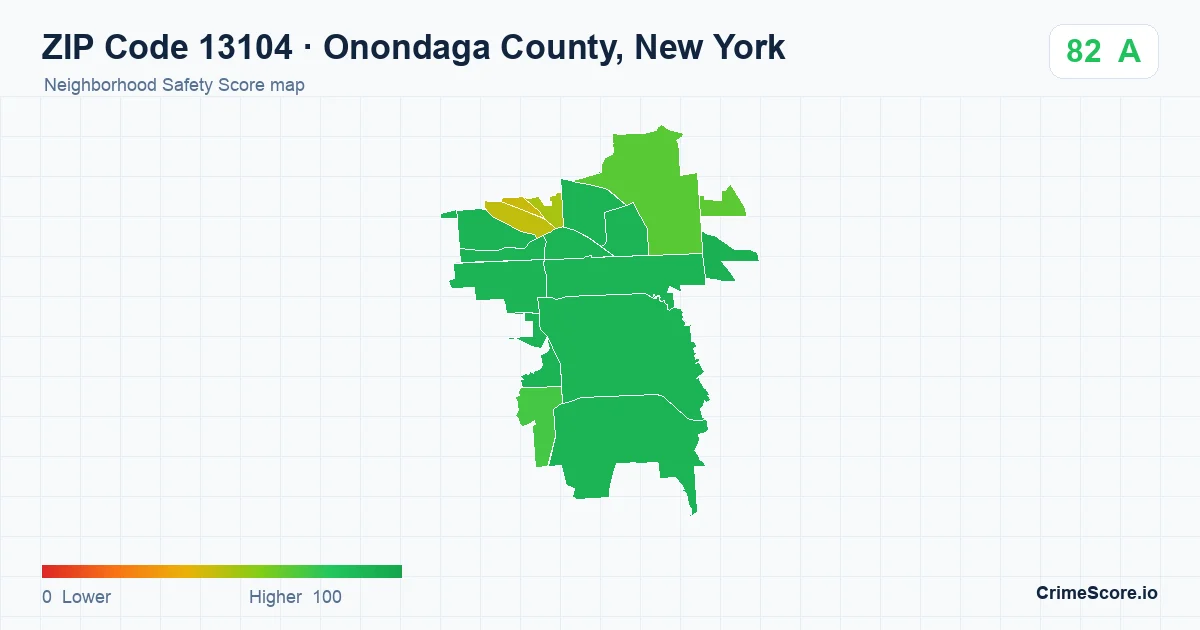 ZIP Code 13104 in Onondaga County, New York neighborhood Safety Score map