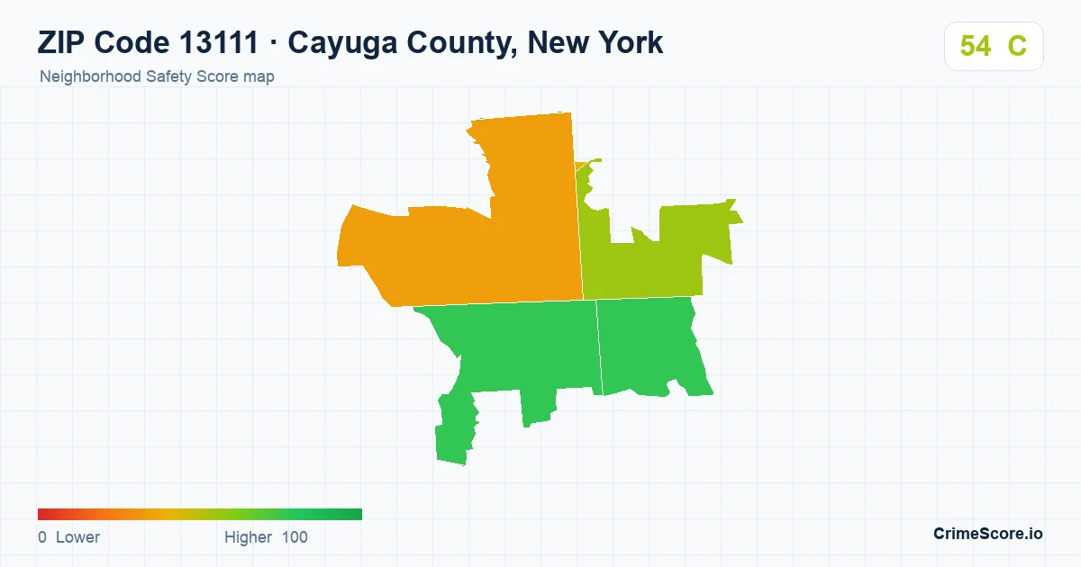 ZIP Code 13111 in Cayuga County, New York neighborhood Safety Score map