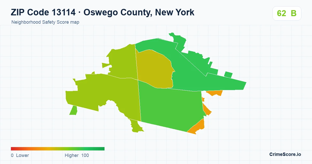 ZIP Code 13114 in Oswego County, New York neighborhood Safety Score map