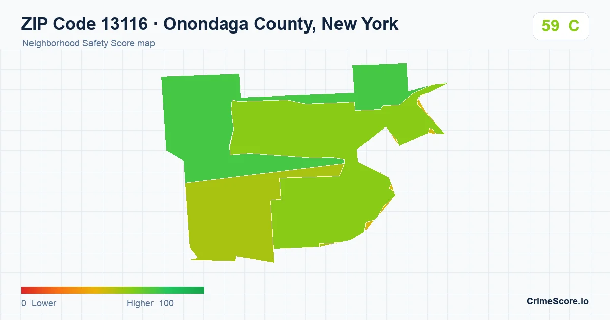 ZIP Code 13116 in Onondaga County, New York neighborhood Safety Score map