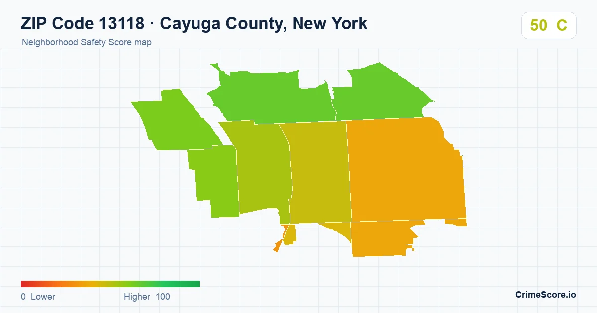 ZIP Code 13118 in Cayuga County, New York neighborhood Safety Score map