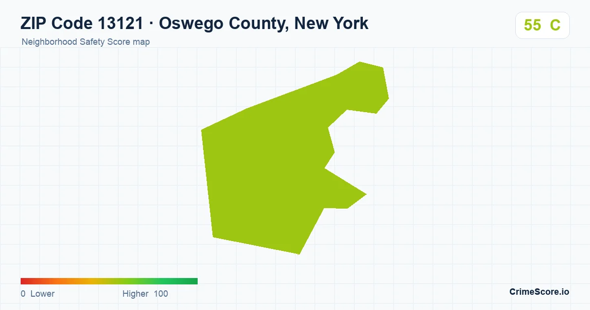 ZIP Code 13121 in Oswego County, New York neighborhood Safety Score map