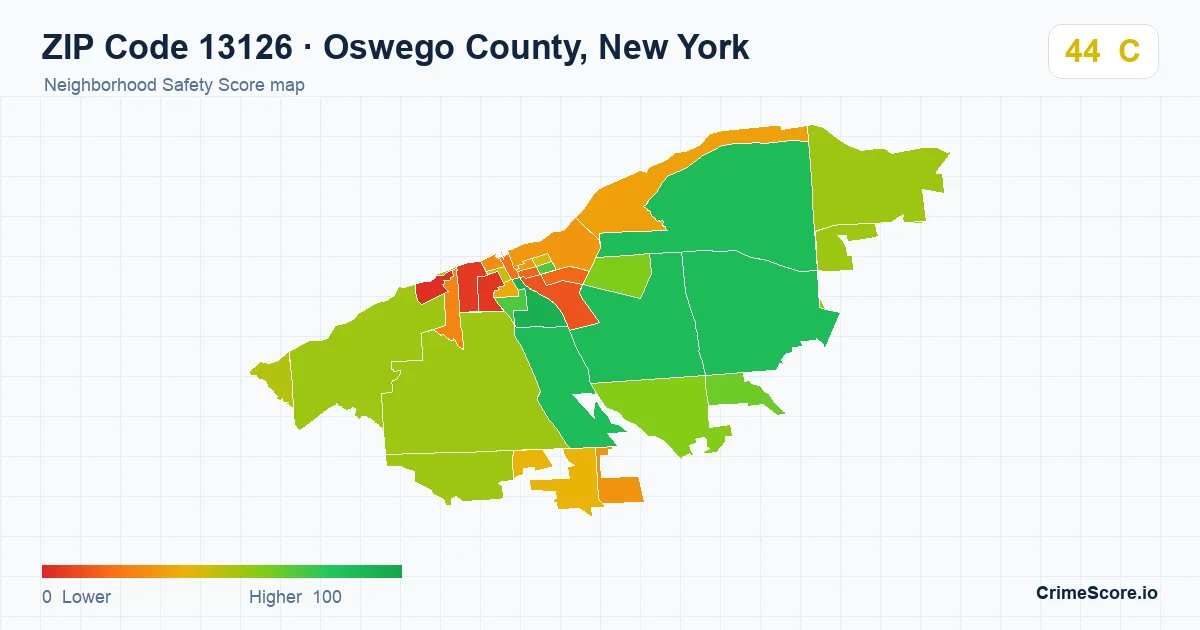 ZIP Code 13126 in Oswego County, New York neighborhood Safety Score map