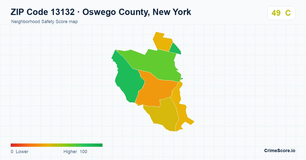 ZIP Code 13132 in Oswego County, New York neighborhood Safety Score map