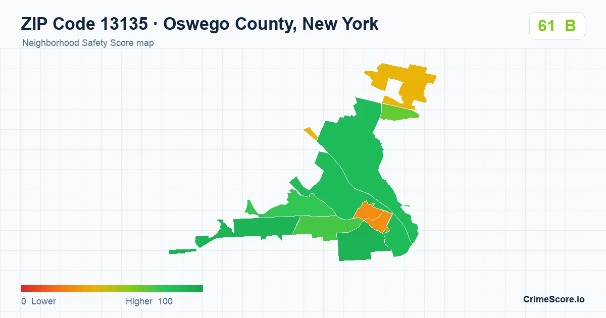 ZIP Code 13135 in Oswego County, New York neighborhood Safety Score map