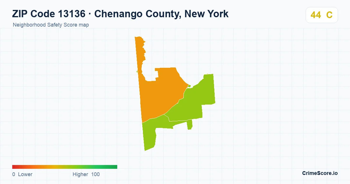 ZIP Code 13136 in Chenango County, New York neighborhood Safety Score map