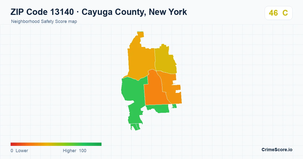 ZIP Code 13140 in Cayuga County, New York neighborhood Safety Score map