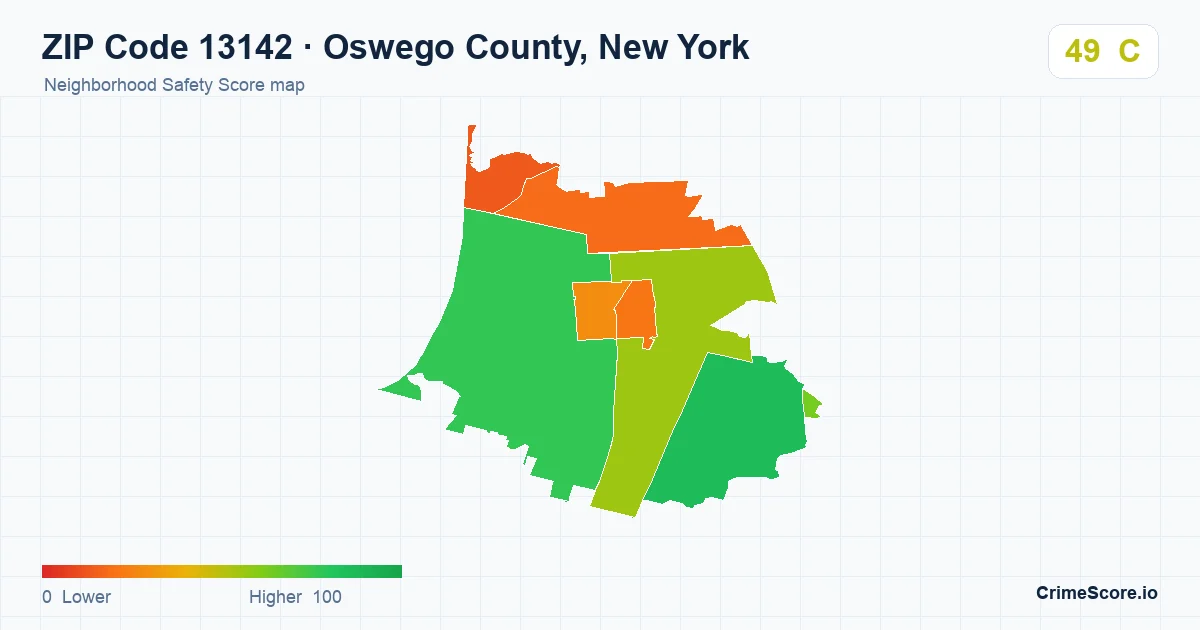 ZIP Code 13142 in Oswego County, New York neighborhood Safety Score map