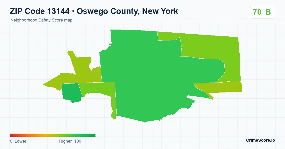 ZIP Code 13144 in Oswego County, New York neighborhood Safety Score map