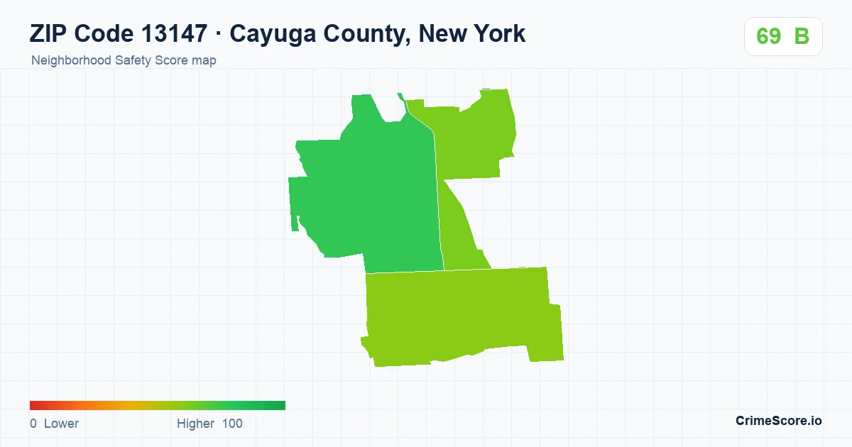 ZIP Code 13147 in Cayuga County, New York neighborhood Safety Score map