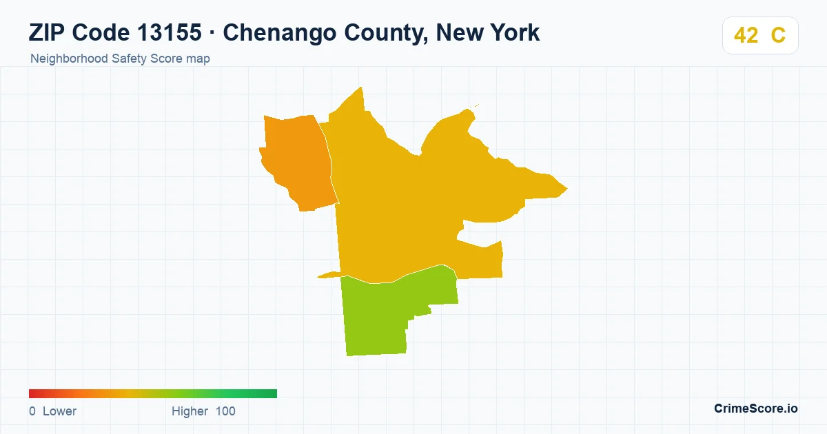 ZIP Code 13155 in Chenango County, New York neighborhood Safety Score map