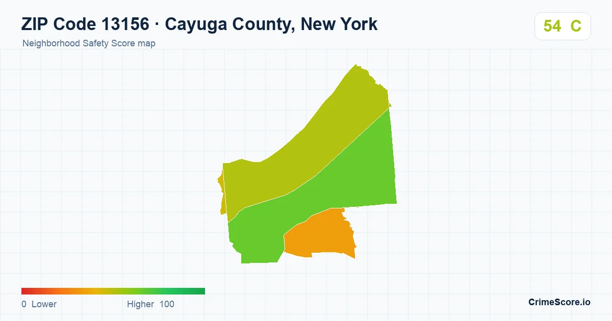 ZIP Code 13156 in Cayuga County, New York neighborhood Safety Score map