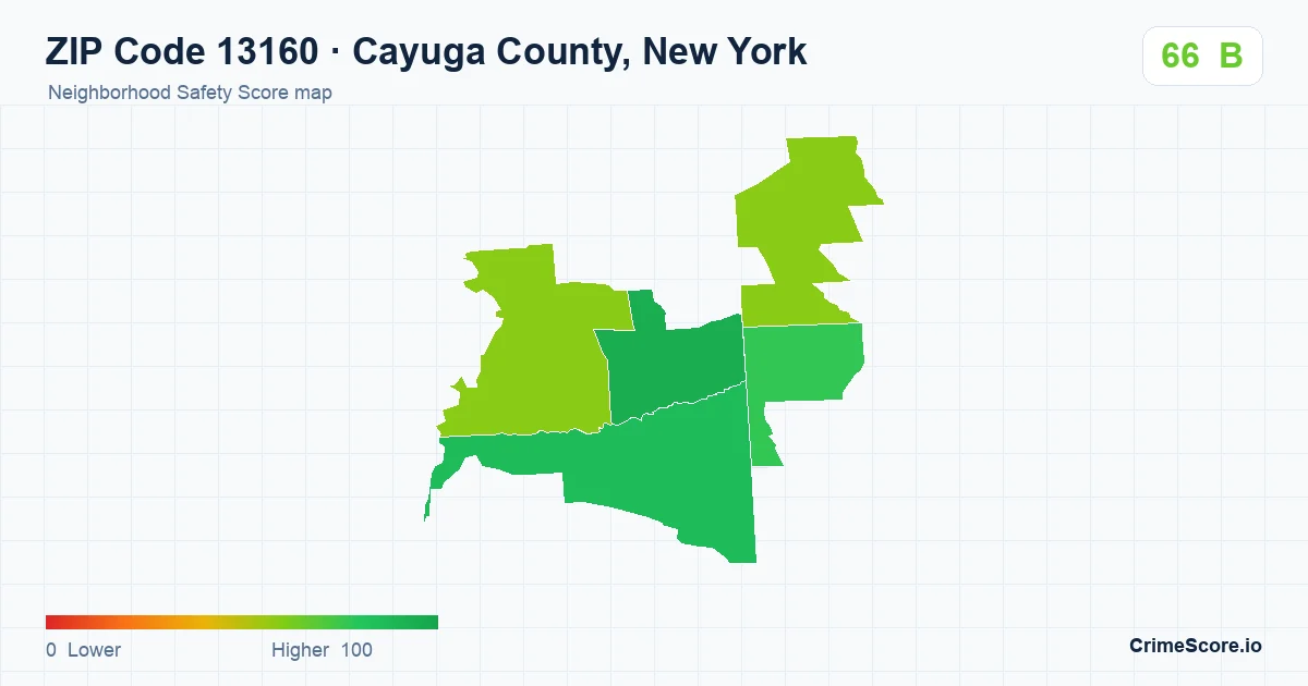 ZIP Code 13160 in Cayuga County, New York neighborhood Safety Score map