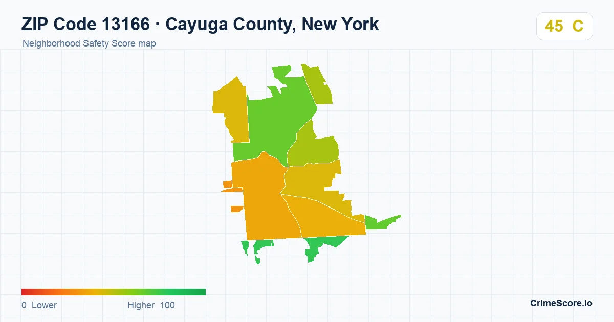 ZIP Code 13166 in Cayuga County, New York neighborhood Safety Score map