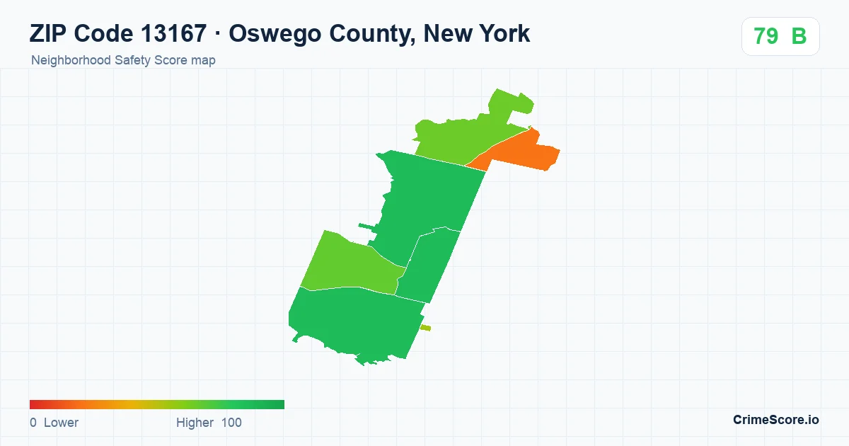 ZIP Code 13167 in Oswego County, New York neighborhood Safety Score map