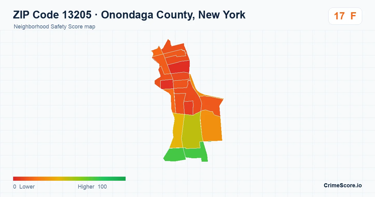ZIP Code 13205 in Onondaga County, New York neighborhood Safety Score map