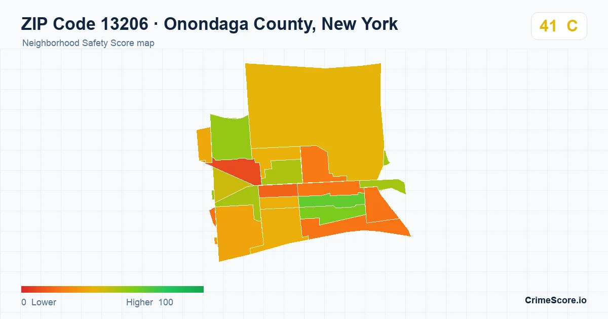 ZIP Code 13206 in Onondaga County, New York neighborhood Safety Score map