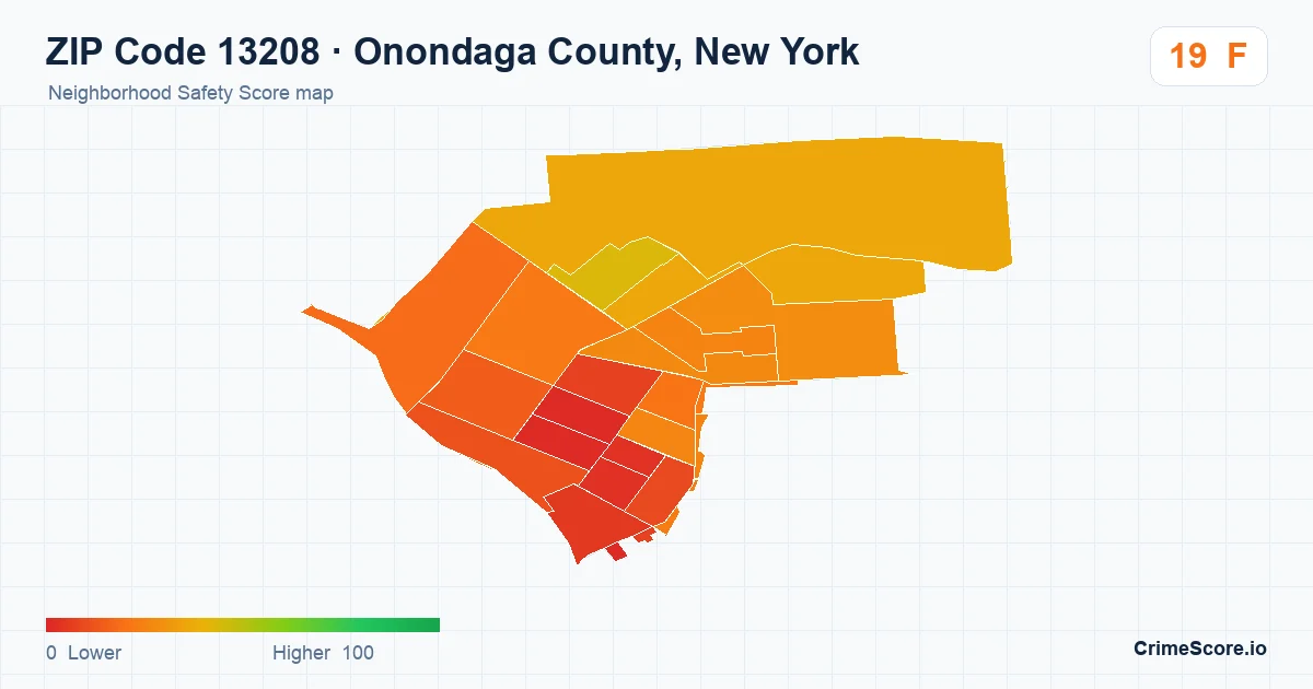 ZIP Code 13208 in Onondaga County, New York neighborhood Safety Score map