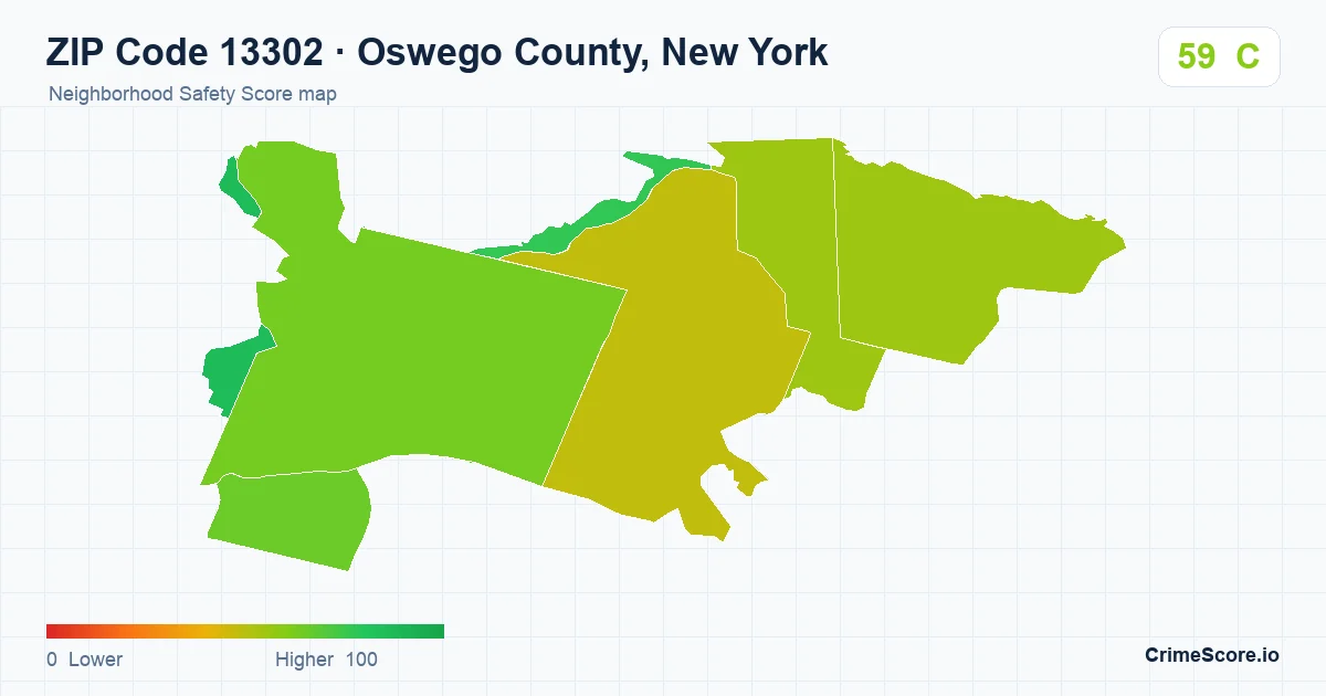 ZIP Code 13302 in Oswego County, New York neighborhood Safety Score map