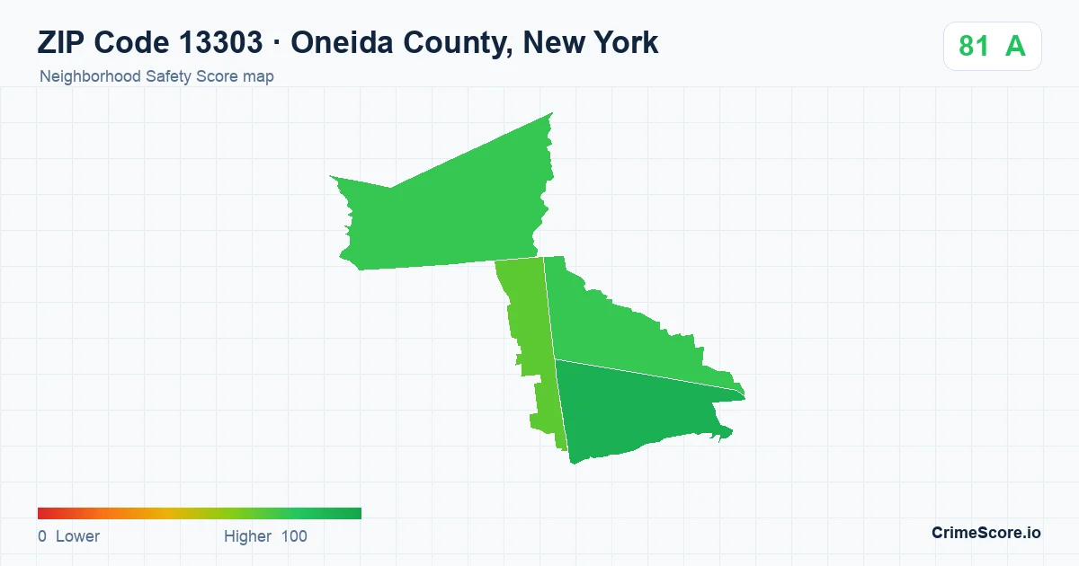 ZIP Code 13303 in Oneida County, New York neighborhood Safety Score map