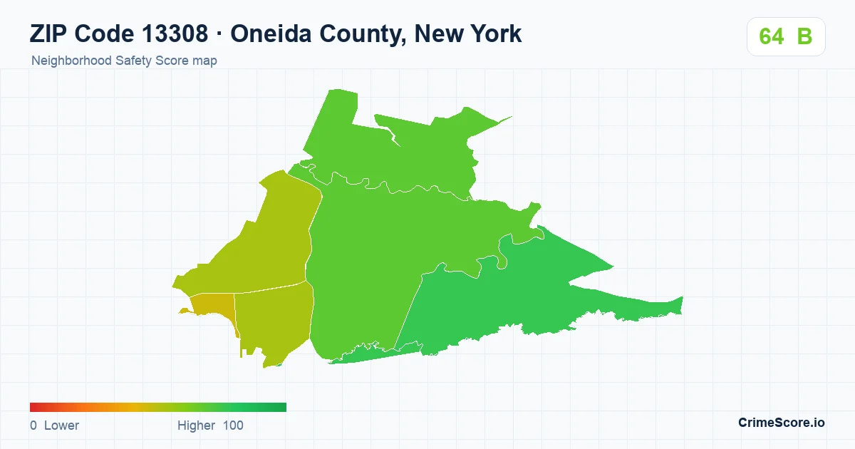 ZIP Code 13308 in Oneida County, New York neighborhood Safety Score map