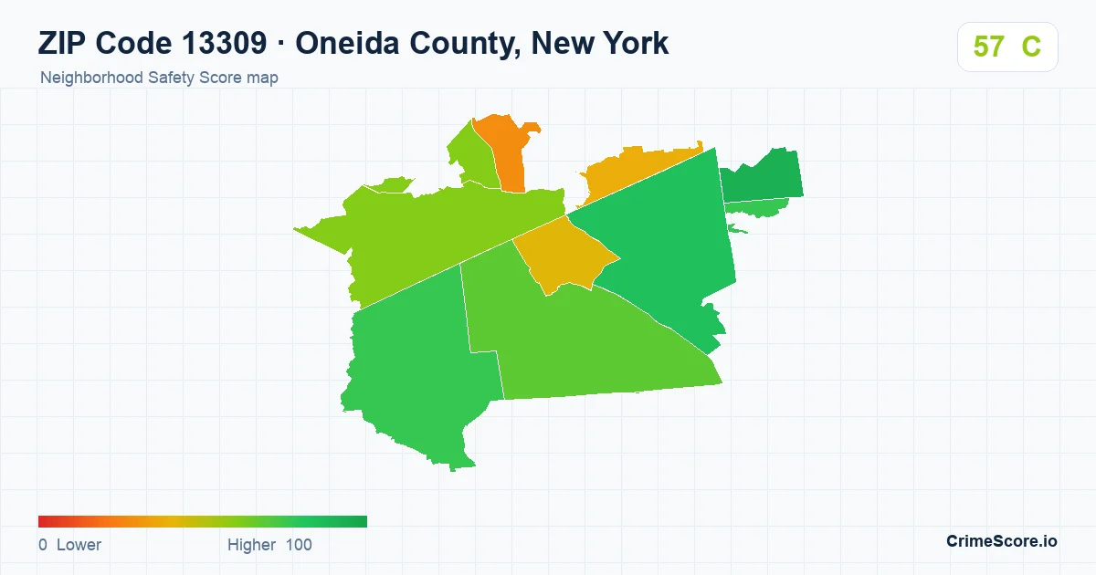 ZIP Code 13309 in Oneida County, New York neighborhood Safety Score map