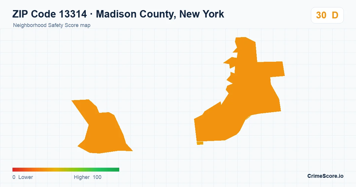 ZIP Code 13314 in Madison County, New York neighborhood Safety Score map
