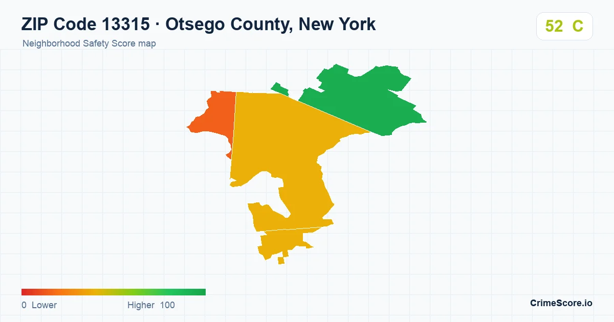 ZIP Code 13315 in Otsego County, New York neighborhood Safety Score map