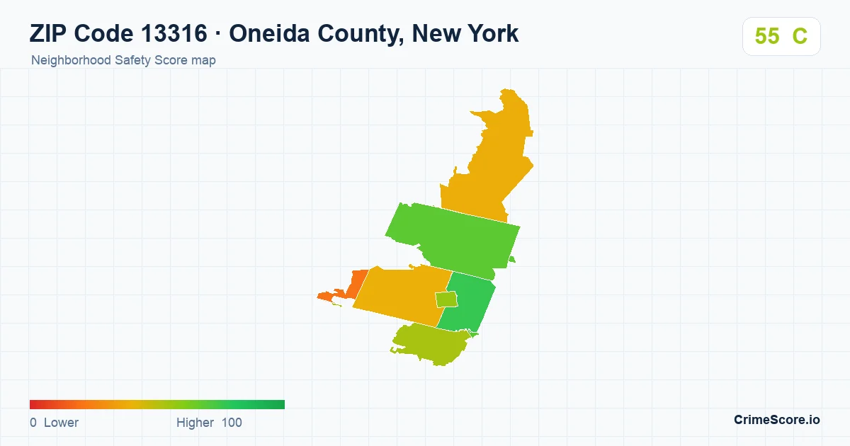 ZIP Code 13316 in Oneida County, New York neighborhood Safety Score map