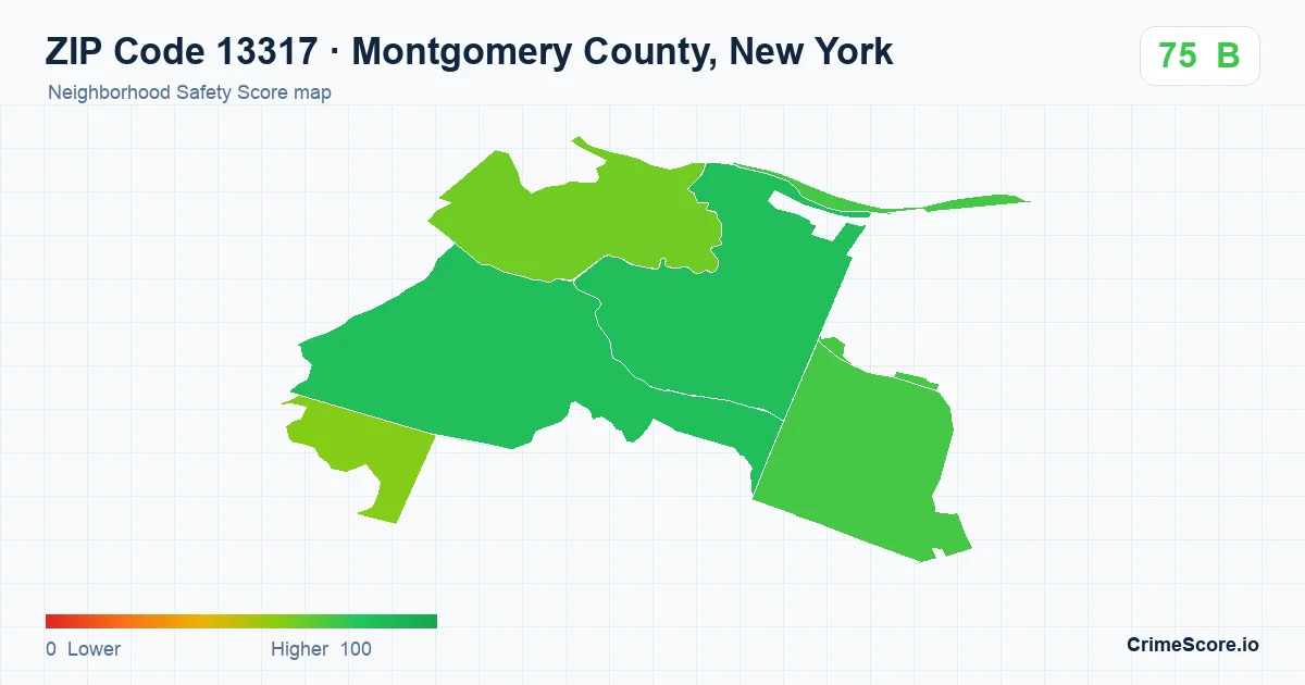 ZIP Code 13317 in Montgomery County, New York neighborhood Safety Score map