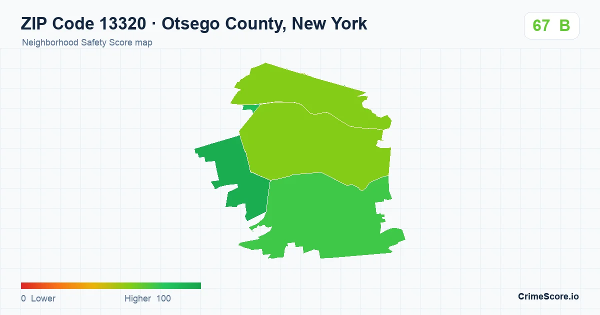 ZIP Code 13320 in Otsego County, New York neighborhood Safety Score map