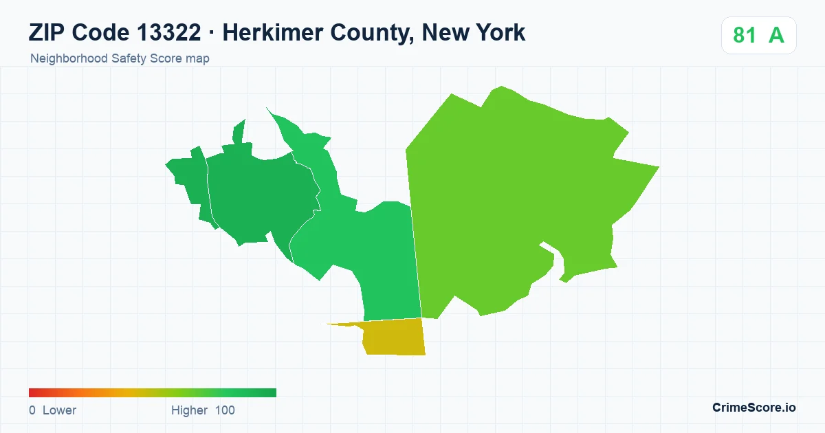 ZIP Code 13322 in Herkimer County, New York neighborhood Safety Score map