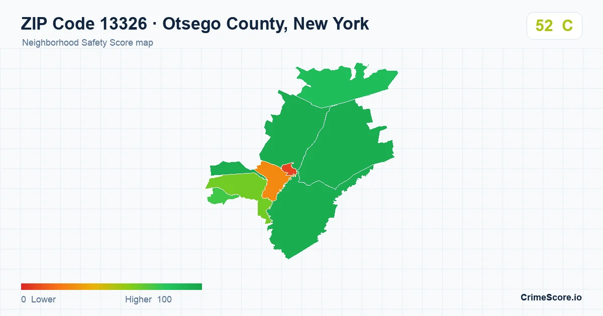 ZIP Code 13326 in Otsego County, New York neighborhood Safety Score map