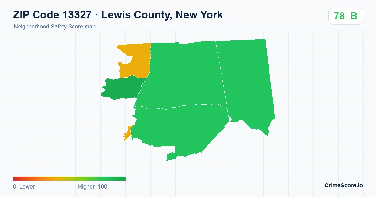 ZIP Code 13327 in Lewis County, New York neighborhood Safety Score map