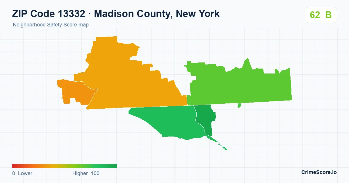 ZIP Code 13332 in Madison County, New York neighborhood Safety Score map